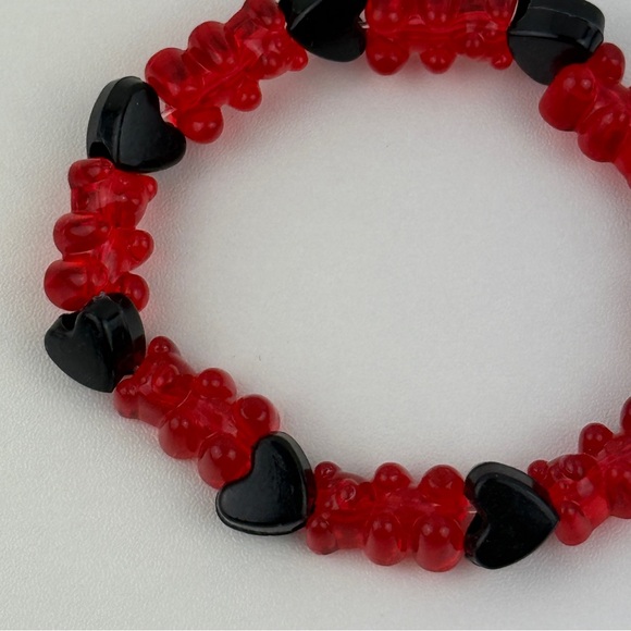 Handmade Red Gummy Bear Black Heart Beaded Stretch Bracelet Kandi Kawaii Goth #2 - Picture 7 of 10